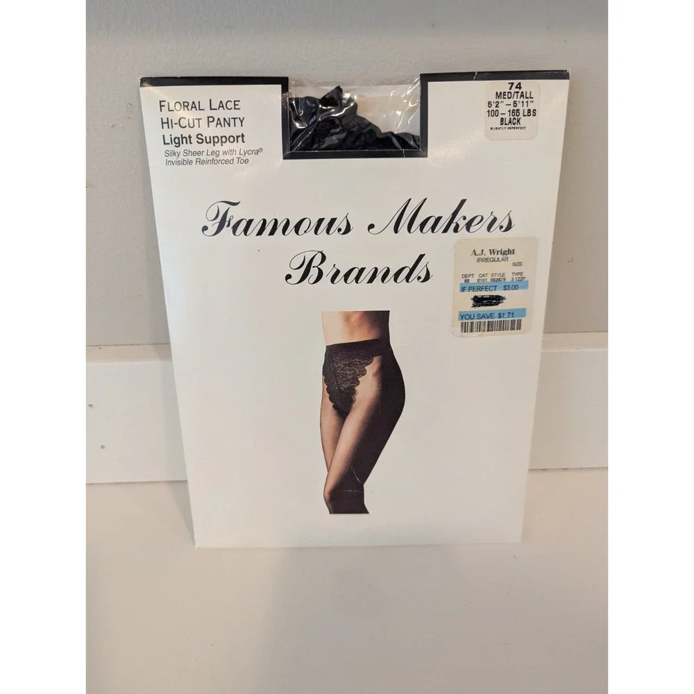 NEW!! Famous Makers Lace Top Nylons Size Med Tall Black Silky Sheer Lycra Vntg